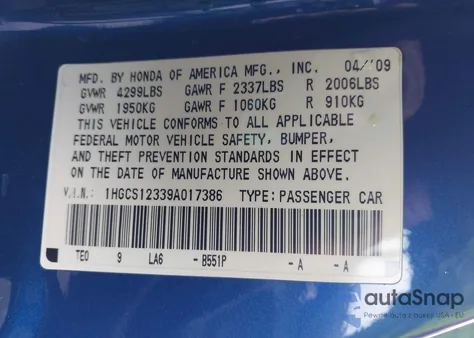 2009 Honda Accord 2.4 Lx-S из США, поврежденный, VIN 1HGCS12339A017386